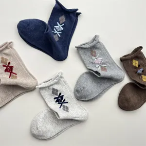 Korean vintage rolled cuff argyle mid-tube socks sweet cute bow cotton socks for women