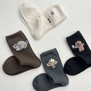 Cute cartoon embroidered mid-calf socks for women, cozy winter cotton socks with lovely animal designs.