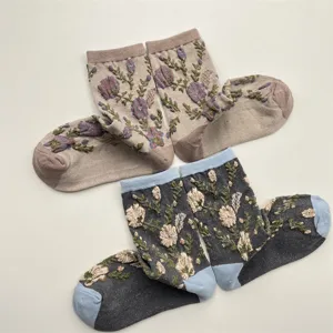 Vintage floral crew socks with 3D embossed flowers, breathable cotton socks for women detail.
