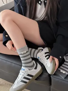Women striped crew socks grey white contrast casual cotton mid calf socks daily wear comfort