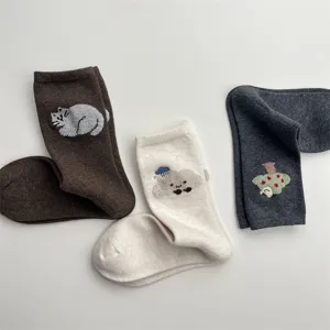 Cute cartoon embroidered mid-tube socks for women, cozy plush autumn winter cotton hosiery.