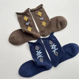 Korean retro rolled edge argyle mid tube socks sweet cute bow cotton slouch socks for women