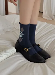 Korean retro rolled edge argyle mid tube socks sweet cute bow socks for women cotton slouch