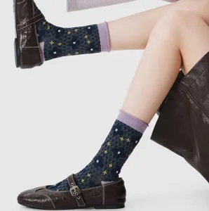 Retro floral mid-calf socks with contrast rolled cuffs, chic designer style cotton knit hosiery.