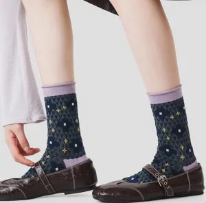 Vintage Japanese style floral mid-calf cotton socks featuring contrast rolled cuffs.
