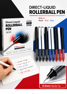 Bolígrafo Roller de Tinta Líquida 0.5mm 12Pzs Negro Rojo Azul Secado Rápido Oficina Escuela