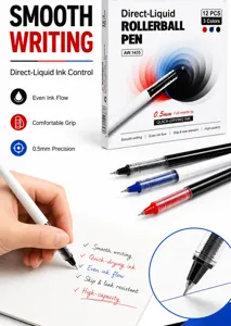 Vista detallada del bolígrafo de gel líquido de 0.5 mm con escritura suave y flujo de tinta visible.