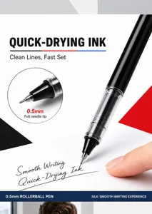 Primer plano del bolígrafo roller de 0.5 mm con punta fina y tinta de secado rápido.