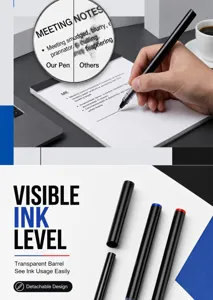 Vista detallada del bolígrafo de gel de 0,5 mm con nivel de tinta visible y diseño desmontable.