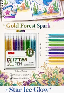 Detail view of 12-color glitter gel pens set with colorful sparkling ink artwork and packaging.