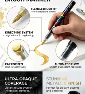 Metallic acrylic brush marker with flexible tip and direct-ink system for smooth art drawing.