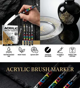 Acrylic brush marker set 12 pcs water based art painting pens for black paper DIY