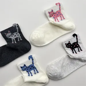 Cute cartoon cat pattern ankle socks detail view, breathable cotton material for daily wear.