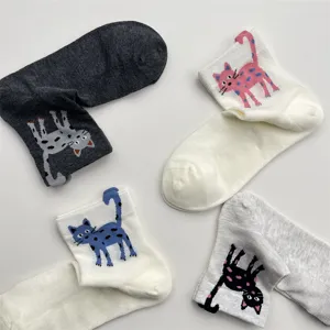 Cute cartoon cat breathable mesh socks for women, sweet Korean style short cotton socks detail.