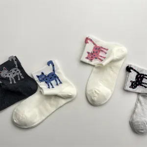 Detailed view of cute cat pattern breathable mesh women socks, soft cotton short tube style.