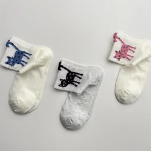 Detail shot of breathable mesh women socks featuring cute cartoon cat prints, short tube.
