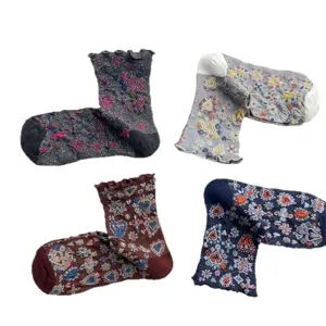 Retro vintage style heart silver thread mid-calf socks for women ruffles cotton main item