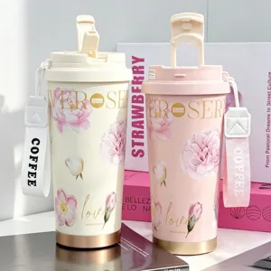 Stainless Steel Insulated Vacuum Tumbler With Straw Camellia Floral Pattern Portable Coffee Travel Mug For Women Gift