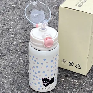 Stainless steel insulated water bottle with straw cute cat design portable cup for girls
