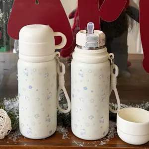 Süße Katzen-Isolierflasche mit Strohhalm und Tragegurt, tragbare Edelstahl-Thermoskanne.