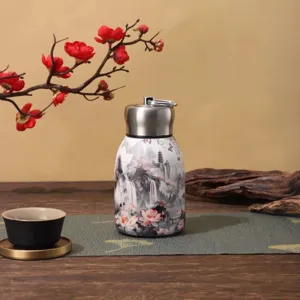 Mini Guochao thermos bottle with pull ring, Chinese landscape art design, portable pocket flask.