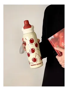 Botella térmica de acero inoxidable 316 con bonito diseño de cereza, pajita portátil y doble tapa.