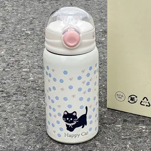 Stainless steel thermal water bottle with cute cat pattern portable straw cup for gifts