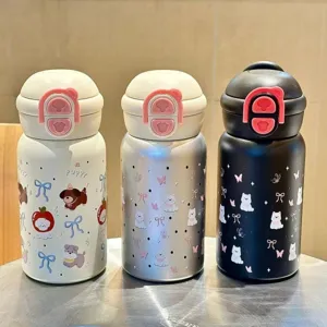 Cute 304 stainless steel thermos water bottle with straw, large capacity cute girl drink cup detail view