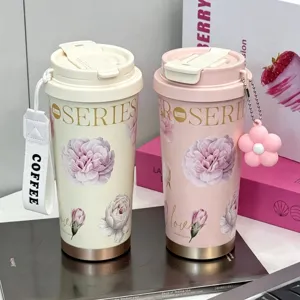 Floral insulated coffee tumbler cute pink beige straw water bottle for women daily use