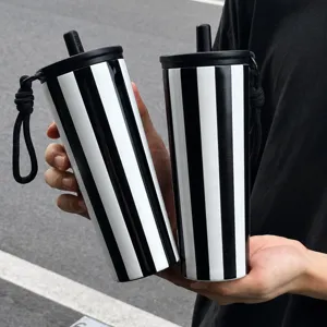 Stainless Steel Insulated Tumbler Large Capacity Car Travel Water Bottle With Straw And Strap Black White Striped