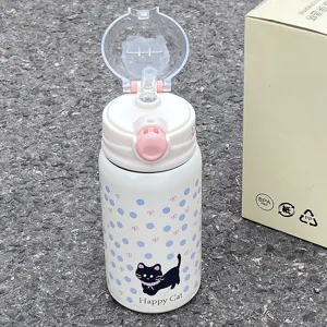 Portable stainless steel vacuum insulated water bottle with cute cat pattern and straw lid.