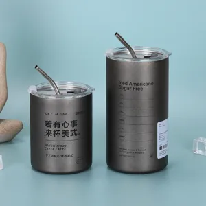 Close-up details of double-wall stainless steel iced coffee tumblers with straws and custom print.