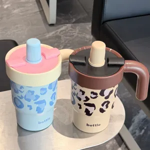 Cute Leopard Print Stainless Steel Vacuum Insulated Water Bottle With Straw Handle Portable Tumbler For Car Office Women