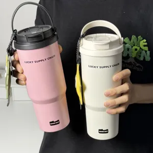Dual-use insulated tumbler with handle large capacity stainless steel water cup pink white cups