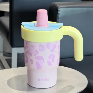 Cute leopard print stainless steel insulated tumbler with handle and straw for car and office.