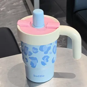 Portable stainless steel insulated water bottle detail, cute blue leopard print, straw lid.
