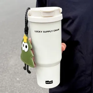 Large capacity stainless steel insulated tumbler with portable handle and cute charm for outdoor travel.