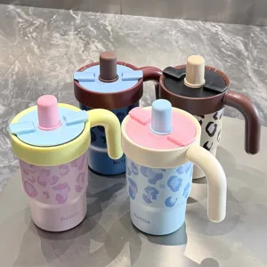 Detailed view of portable cute leopard print stainless steel straw thermal water bottle cup