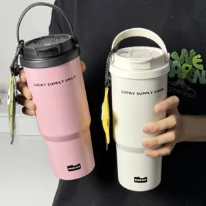 Double drink tumbler large capacity car insulated water bottle with handle straw and lid