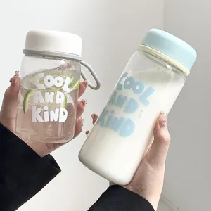 Portable plastic water bottle with cute lettering, large capacity simple student cup