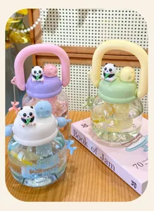 Cute large capacity straw water bottle with panda lid, portable dual drinking tumbler.
