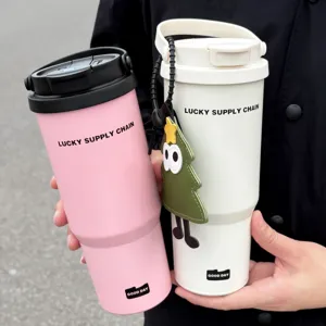 Large capacity insulated tumbler stainless steel travel mug with handle and cute pendant outdoor