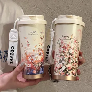 Ανοξείδωτη θερμοמוνωτική κούπα καφέ με floral σχέδιο φορητή ταξιδιωτική κούπα.