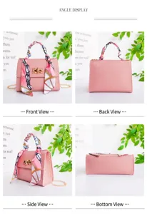 Vista detallada del elegante bolso de hombro rosa con pañuelo y cadena metálica.