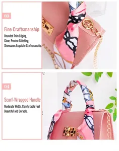 Mujer moda mini bolso de mano con asa de pañuelo de seda y cadena, elegante bolso bandolera rosa.