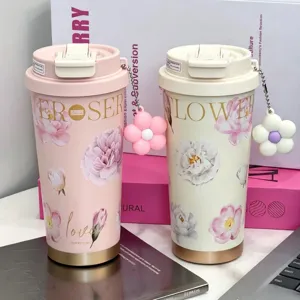 Cute floral stainless steel travel mug with straw and flower charm for women daily use.