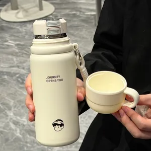 Stainless steel insulated water bottle detail showing dual-drinking lid and portable strap design.