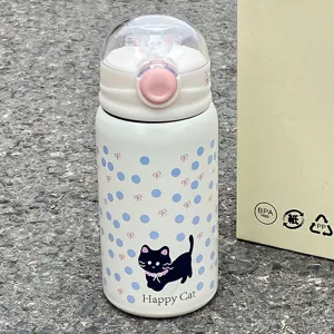 Stainless steel thermal water bottle with cat pattern, straw lid and portable design.