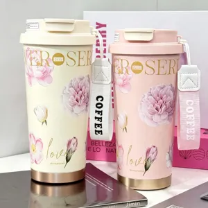 Floral insulated travel mug set, stainless steel coffee cup with straw and handle strap.