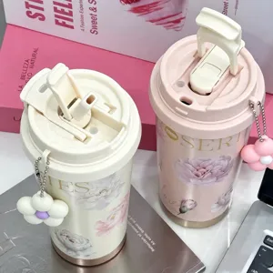 Insulated coffee travel mug cute floral stainless steel water cup with straw and cute charm